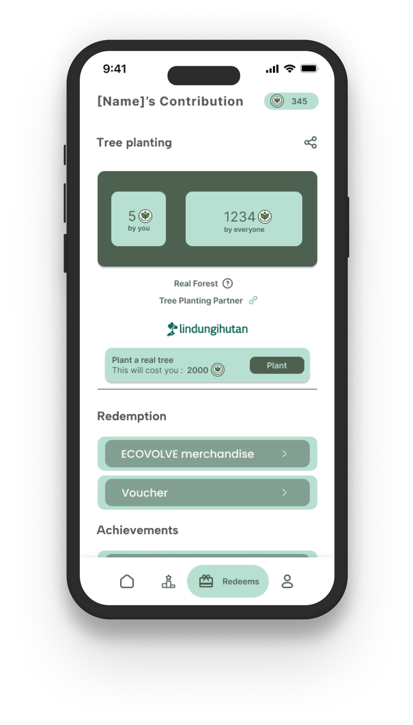 Screenshot of Ecovolve – Get Rewarded for Eco Action. Every step you take earns EcoCoins. Use them to plant trees, unlock exclusive perks, or shop conscious, sustainable merchandise.